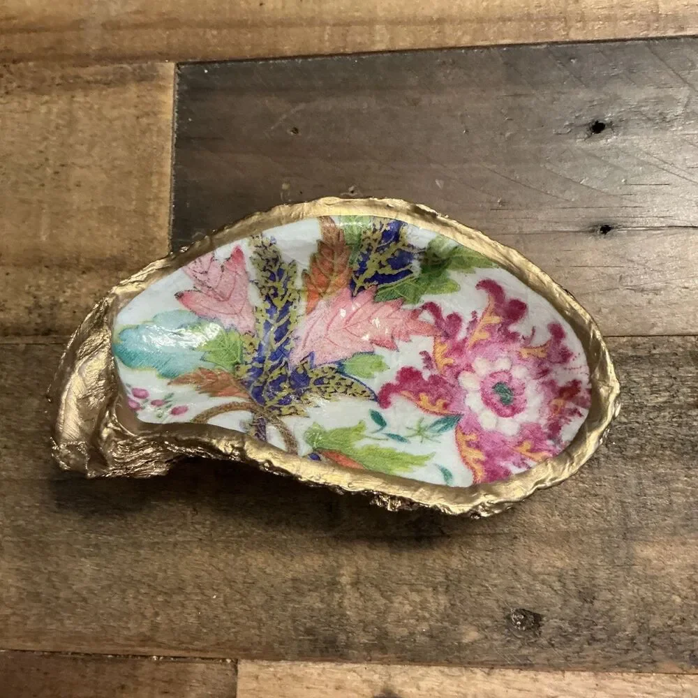 Handmade  Baby Abalone Shell Ring Dish Decoupaged Floral Trinket Gold Rim/bottom